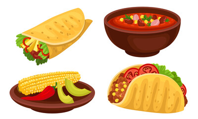Mexican Dish with Burrito and Stewed Beans Vector Set