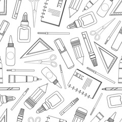 Seamless pattern school supplies. Stationery on a white background. Ruler, pencil, markers and felt-tip pens. SCHOOL AND TRAINING