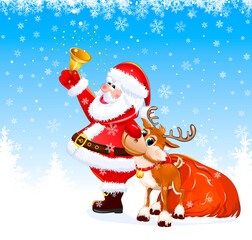 Santa and deer on a winter background with snowflakes. Santa with a bell in his hand. Nearby there is a deer and a bag with gifts