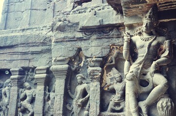 stone carving and Sculptures at Ellora caves ,UNESCO world heritage site near Aurangabad,...