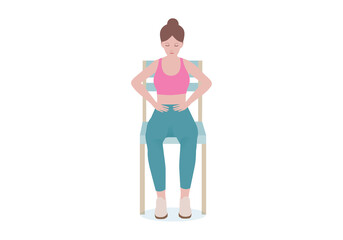 Exercises that can be done at-home using a sturdy chair.
place your hands on your waist. Take a deep breath in through the nose, then exhale slowly.  with BREATHING posture. Cartoon style.