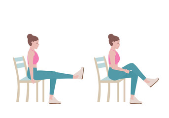 Exercises that can be done using a sturdy chair. Woman doing exercises. Step by step instruction for doing  Yoga Leg Sequence. Fitness and health concepts.