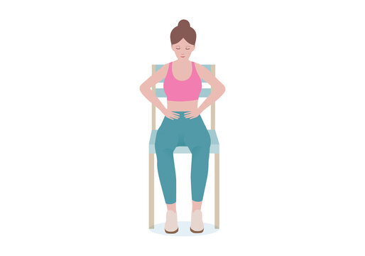 Exercises That Can Be Done At-home Using A Sturdy Chair.
Place Your Hands On Your Waist. Take A Deep Breath In Through The Nose, Then Exhale Slowly.  With BREATHING Posture. Cartoon Style.