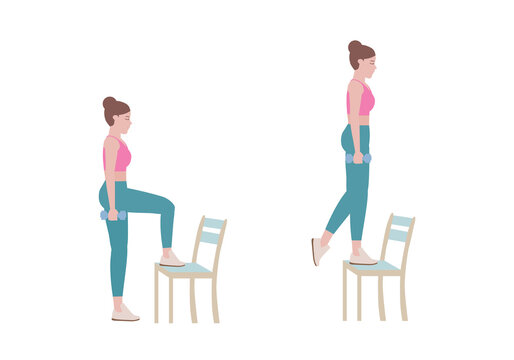 Exercises that can be done at-home using a sturdy chair.
Grab a dumbbell. with Stepping on the chair and standing. Isolated vector illustration in cartoon style.
