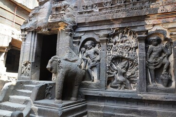 stone carving and elephant Sculpture at Ellora caves ,UNESCO world heritage site near Aurangabad, Maharashtra, India