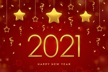 Happy New 2021 Year. Golden metallic numbers 2021 with shimmering hanging golden stars on red background. New Year greeting card, cover or banner template. Holiday decoration. Vector illustration.