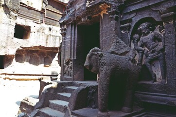 stone carving and elephant Sculpture at Ellora caves ,UNESCO world heritage site near Aurangabad, Maharashtra, India