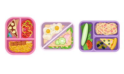 Plastic Lunch Boxes or Trays with Food in Different Sections Top View Vector Set