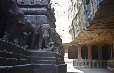 stone carving and Sculptures at Ellora caves ,UNESCO world heritage site near Aurangabad,...