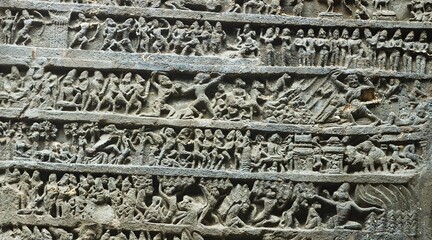 stone carving and etching at Ellora caves ,UNESCO world heritage site near Aurangabad, Maharashtra,...