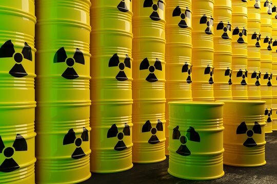 Stack of yellow radioactive waste barrels in disposal zone or final storage