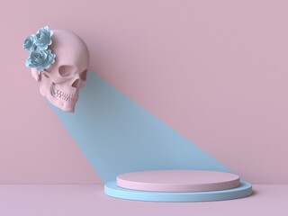 Pink skull with blue flowers look at pink podium 3D