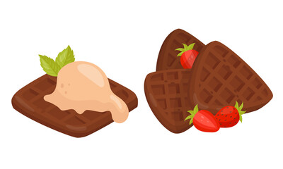 Shaped Waffle with Textured Surface and Ice Cream on Top Vector Set
