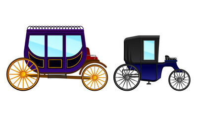 Carriage and Coach as Private Four-wheeled Vehicle Vector Set