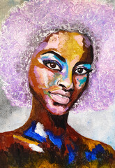 Fototapeta na wymiar Pop art african woman portrait with light violet hair hand drawn modern style acrylic on canvas. 