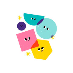 Various bright basic Geometric Figures with face emotions. Different shapes. Layered colors. Hand drawn trendy Vector illustration for kids. Modern colorful Poster or print idea. Cute funny characters