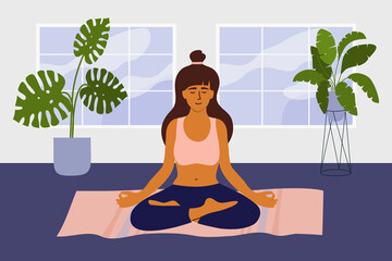 Mindfulness meditation or training at home. Young woman in lotus pose meditating in apartment living room. Girl sitting crossed legs on floor. Relax yoga, breath control. Self care vector illustration