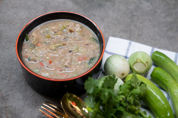 Fermented fish mix with mackerel spicy dip and vegetables.