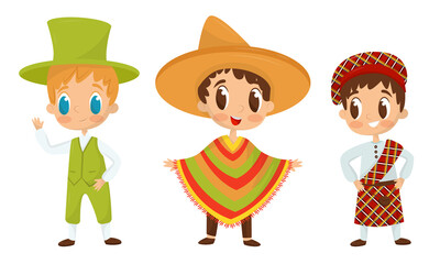 Smiling Boys Wearing Costumes of Different Countries Vector Set