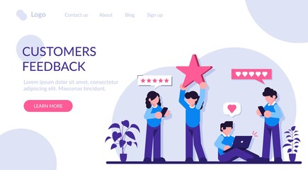 Customer reviews rating. People are holding stars, giving five star Feedback. Feedback consumer, customer review evaluation. Modern flat illustration.