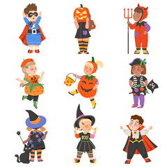 Cute Girl and Boys in Halloween Costumes Set, Little Child Dressed as Pumpkin, Vampire, Superhero, Witch, Happy Halloween Party Festival with Kids Trick or Treating Vector Illustration