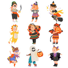 Cute Girl and Boys in Halloween Costumes Set, Little Child Dressed as Lion, Pumpkin, Devil, Magician, Witch, Happy Halloween Party Festival with Kids Trick or Treating Vector Illustration
