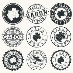 Gabon Set of Stamps. Travel Stamp. Made In Product. Design Seals Old Style Insignia.