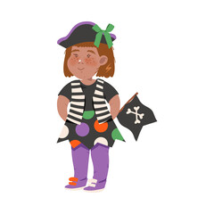 Cute Little Girl Dressed as Pirate, Happy Halloween Party Festival with Kid Trick or Treating Cartoon Vector Illustration