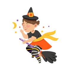 Cute Girl in Witch Halloween Costume, Little Child Flying with Broom , Happy Halloween Party Festival with Kid Trick or Treating Cartoon Vector Illustration