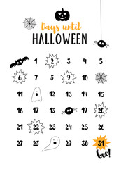 Days until Halloween. Halloween countdown. October Calendar. The symbols of Halloween cast, spiderweb, spider, pumpkin, bat. Vector illustration