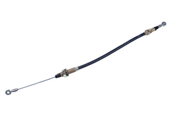 Steel rope twisted in black vinyl casing rear hand brake cable, car spare part isolated on white background.