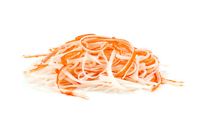 closeup crab sticks noodles isolated on white background