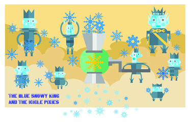 Fototapeta na wymiar the blue snowy king and the icicle pixies set of cute snowflake making characters colorful and fun