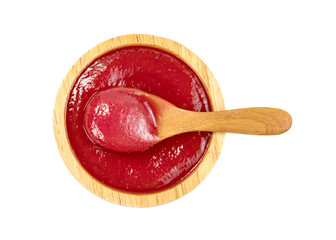 tomato sauce in wooden bowl and spoon isolated on white background