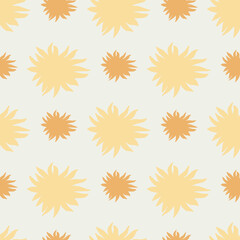 Orange sun silhouettes scribble seamless pattern. Hand drawn star ornament on light grey background.