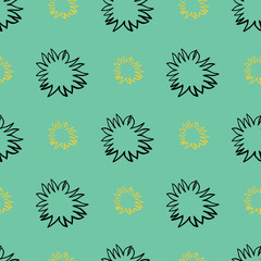 Black and yellow contoures star shapes seamless pattern. Doodle ornament on turquoise background.