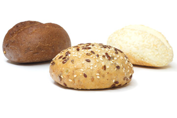 bakery products made from three types of flour on a white isolated background