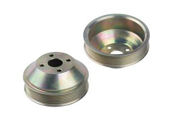 a set of two new car engine cooling fan pulleys is isolated on a white background.