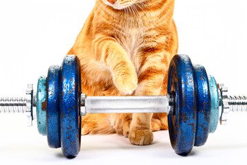 Conceptual  image of a cats paw reaching out to cast iron dumbbells on a spinlock bar