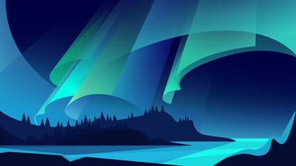 Illustration of aurora borealis. Natural light show. - obrazy, fototapety, plakaty