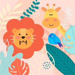 animals in tropical jungle lion, giraffe, bird