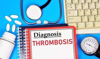 Thrombosis. Text label for a medical condition. Diagnosis by a doctor. Treatment with pills.