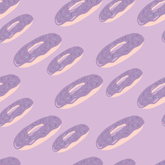 Stylized dessert seamless pattern with donuts silhouettes. Random food print in light pastel purple colors.