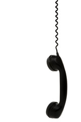 Vintage telephone receiver hanging on spiral cord isolated  on white background