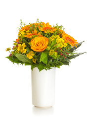 Autumnal flowers bouquet in vase isolated on white background