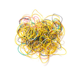 Many multi-colored rubber bands for money on a white background, isolate. Stationery concept