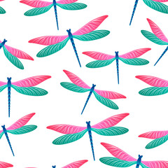 Dragonfly funky seamless pattern. Repeating dress textile print with damselfly insects. Isolated 