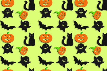 Halloween seamless pattern with ghosts, pumpkins, bats, cats. Template for design for Halloween. Perfect for decoration, wrapping paper, greeting cards, web page background