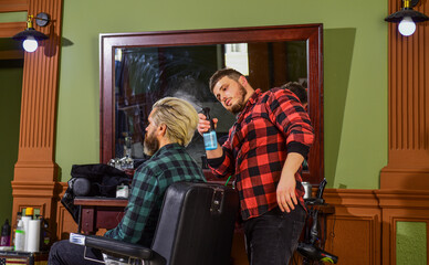 Fototapeta na wymiar Person sitting in hydraulic chair. Visit hairdresser. Maintaining shape. Man at hairdresser salon. Barbershop client. Beard grooming. Barbershop services. Perfect look. Facial hair. Handsome hipster