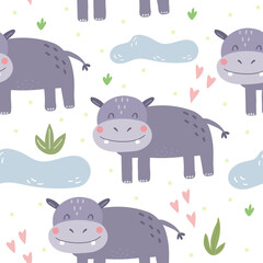 Cute little hippo cartoon style. Seamless pattern. Printable templates